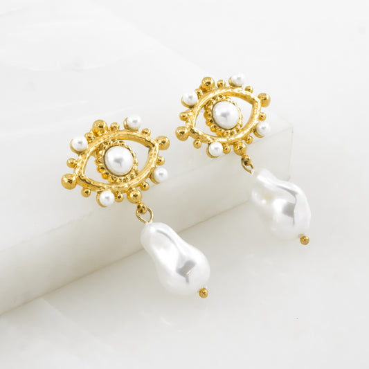 Gold Plated Evil Eye Pearl Drop Earrings