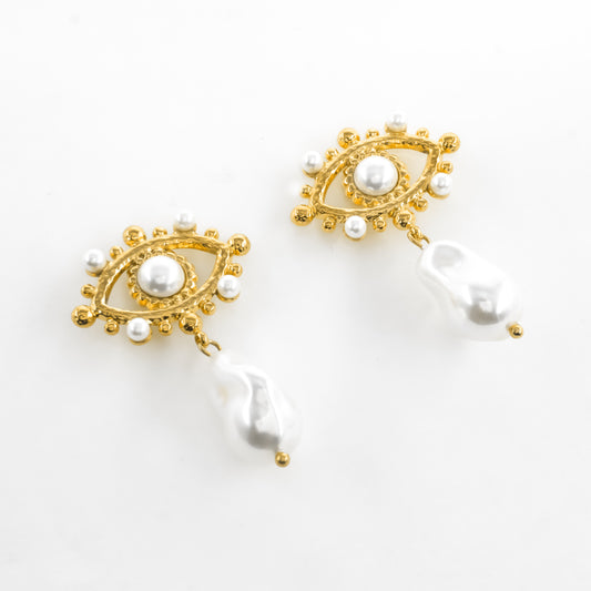 Gold Plated Evil Eye Pearl Drop Earrings