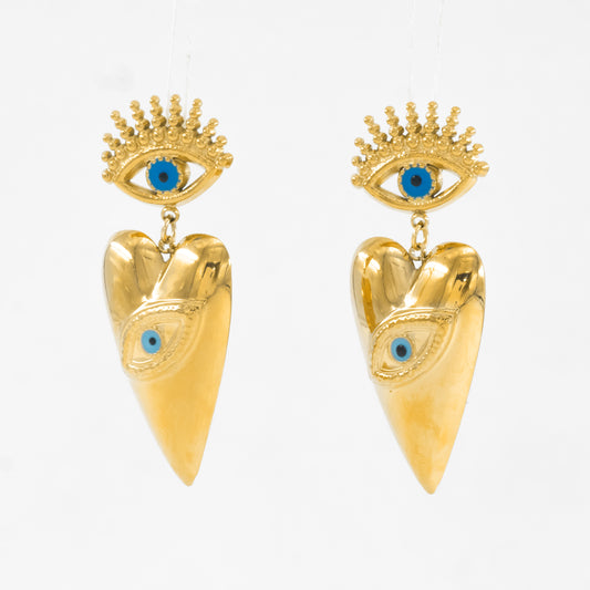 Gold Plated Protective Evil Eye & Heart Earrings