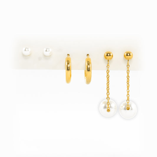 Golden Pearl Trio – Classic Earring Set