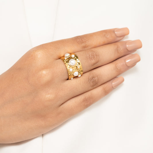 Gold Plated Hammered Pearl Ring