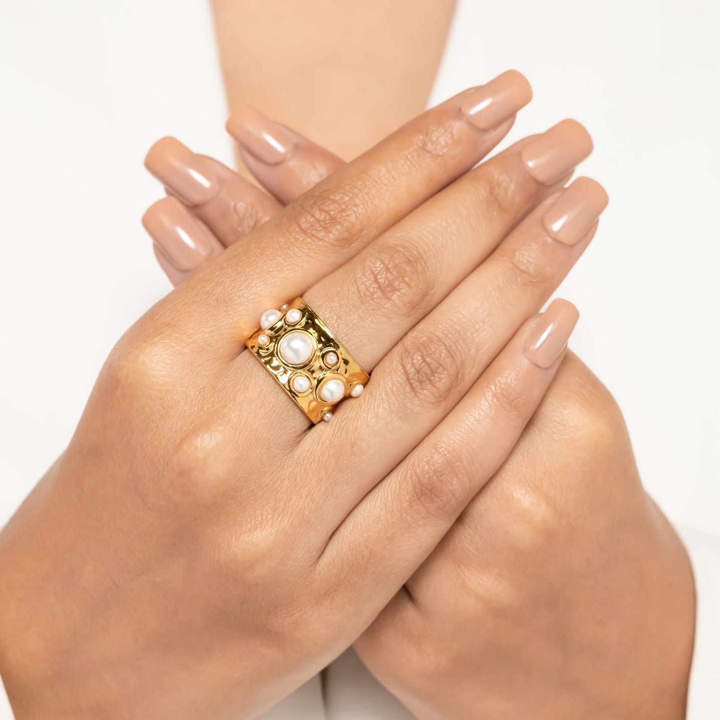 Gold Plated Hammered Pearl Ring