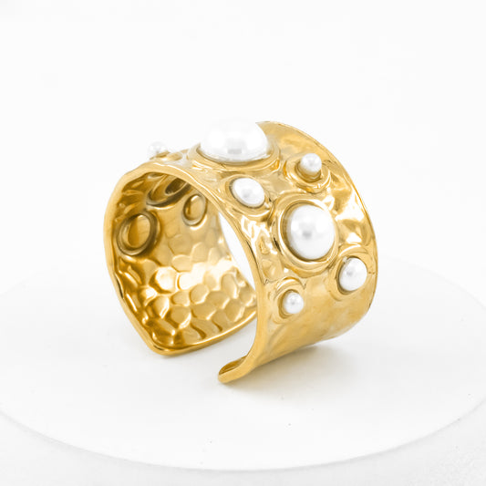 Gold Plated Hammered Pearl Ring